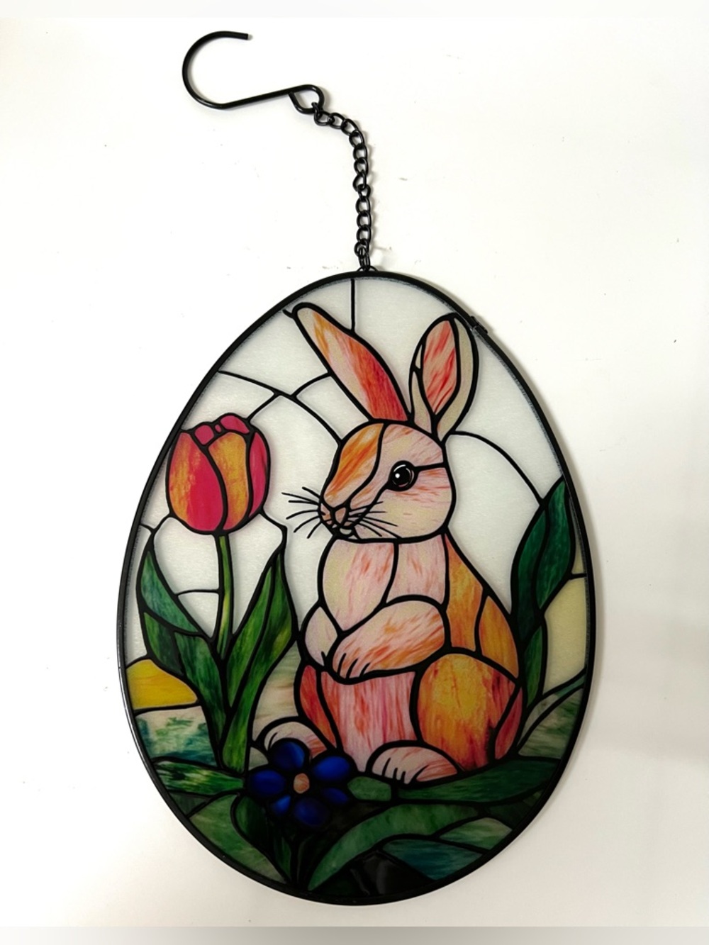 Easter Egg Shaped Bunny Tulip Floral Spring Season Colorful Sun Catcher 8x6 in